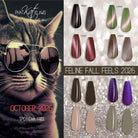Phat Kat Feline Fall Feels 2026 poster with purple glitter gel polish #274G and seven other shades