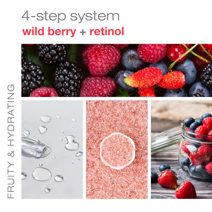 Collage of wild berries with text '4-step system wild berry + retinol' and product images.