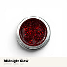Red glittery gel in a silver container with 'Midnight Glow' text on a white background
