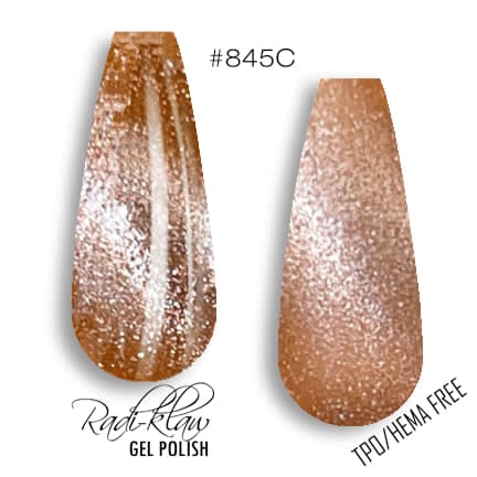 Two nail swatches showing a glittery nude-rose gel polish shade labeled #845C, with the text 'Root-Claw Gel Polish' and 'TPC/HEMA FREE' on a white background.