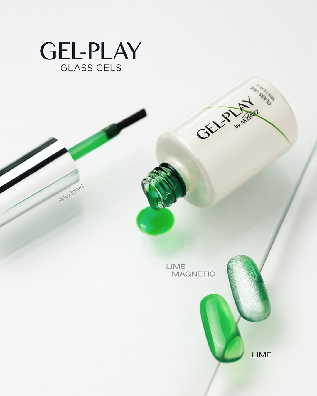 Akzentz Gel-Play Glass Lime bottle and translucent gel on glass palette