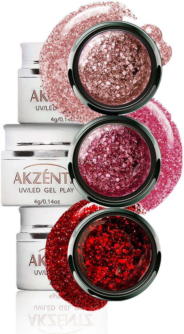 Akzentz Gel-Play Blossom, Peony, and Scarlet Fantasy glitter gel collection
