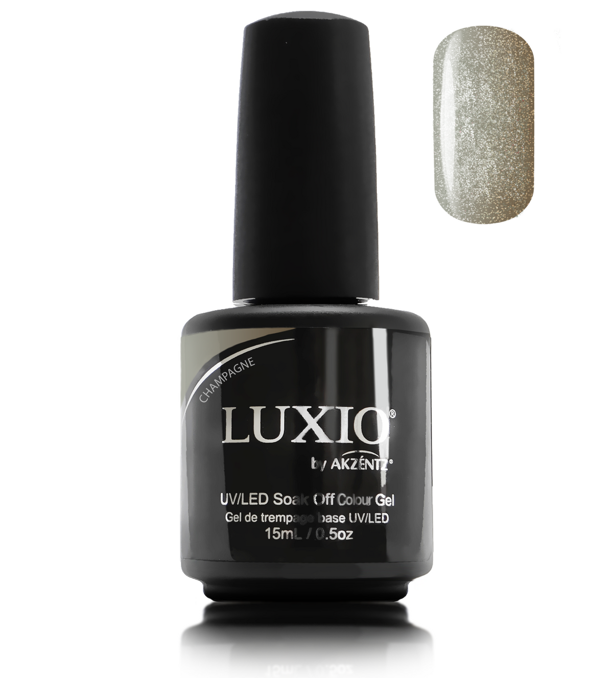 Akzentz Luxio Champagne 15 mL gel polish bottle with small round color swatch