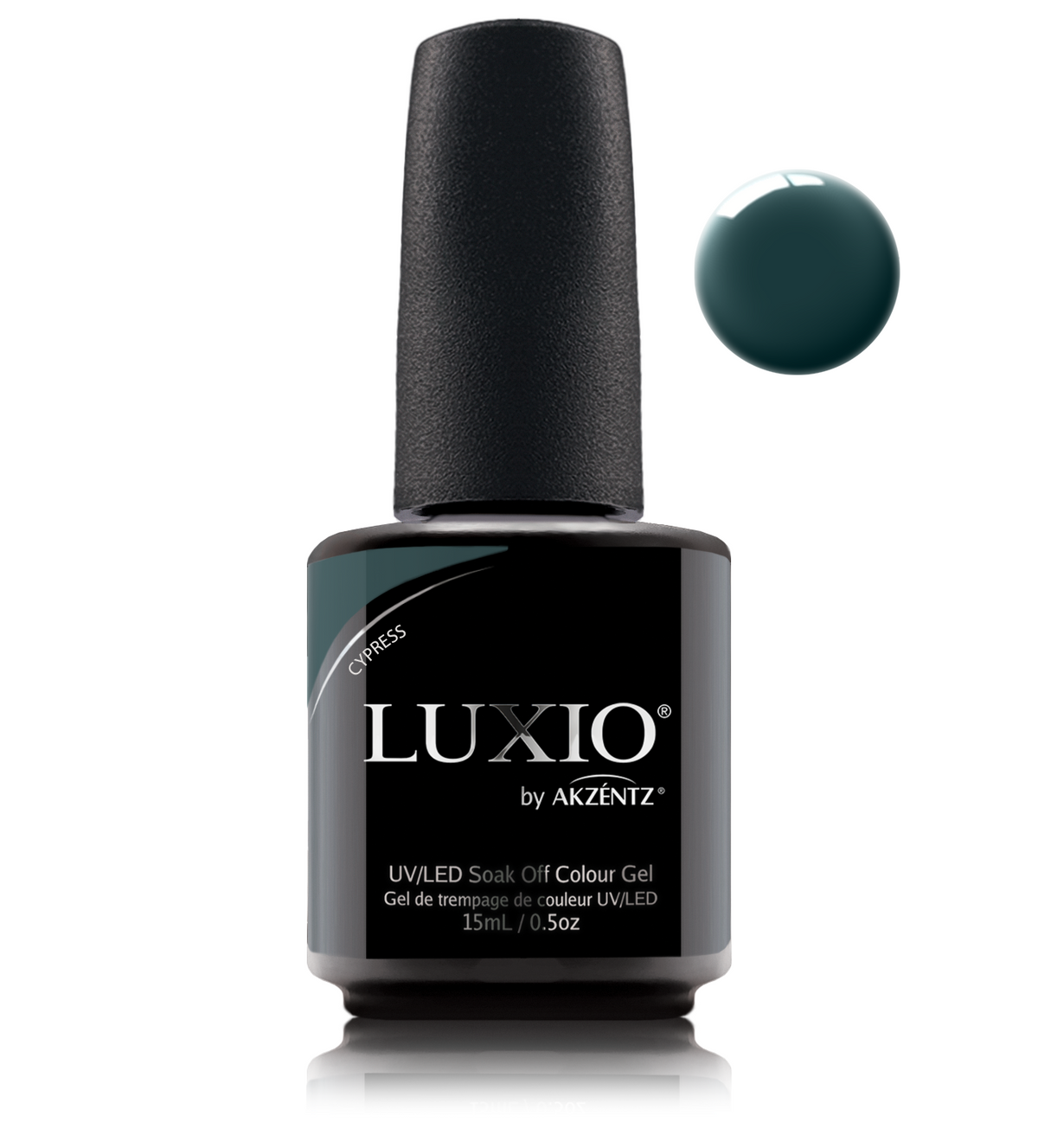 Akzentz Luxio Cypress 15 mL gel polish bottle with small round color swatch