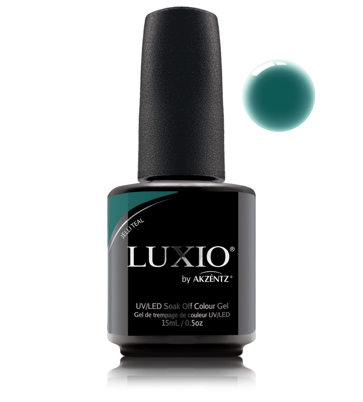 Akzentz Luxio Jelli Teal 15 mL gel polish bottle with small round color swatch
