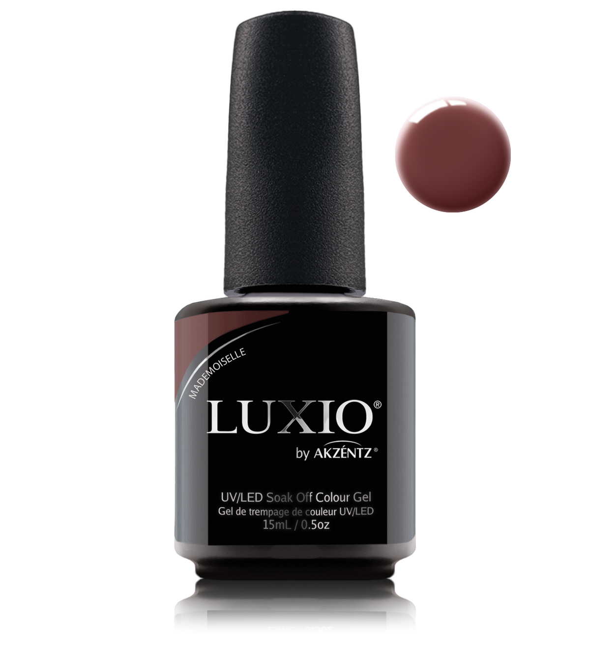 Akzentz Luxio Mademoiselle 15 mL gel polish bottle with small round color swatch