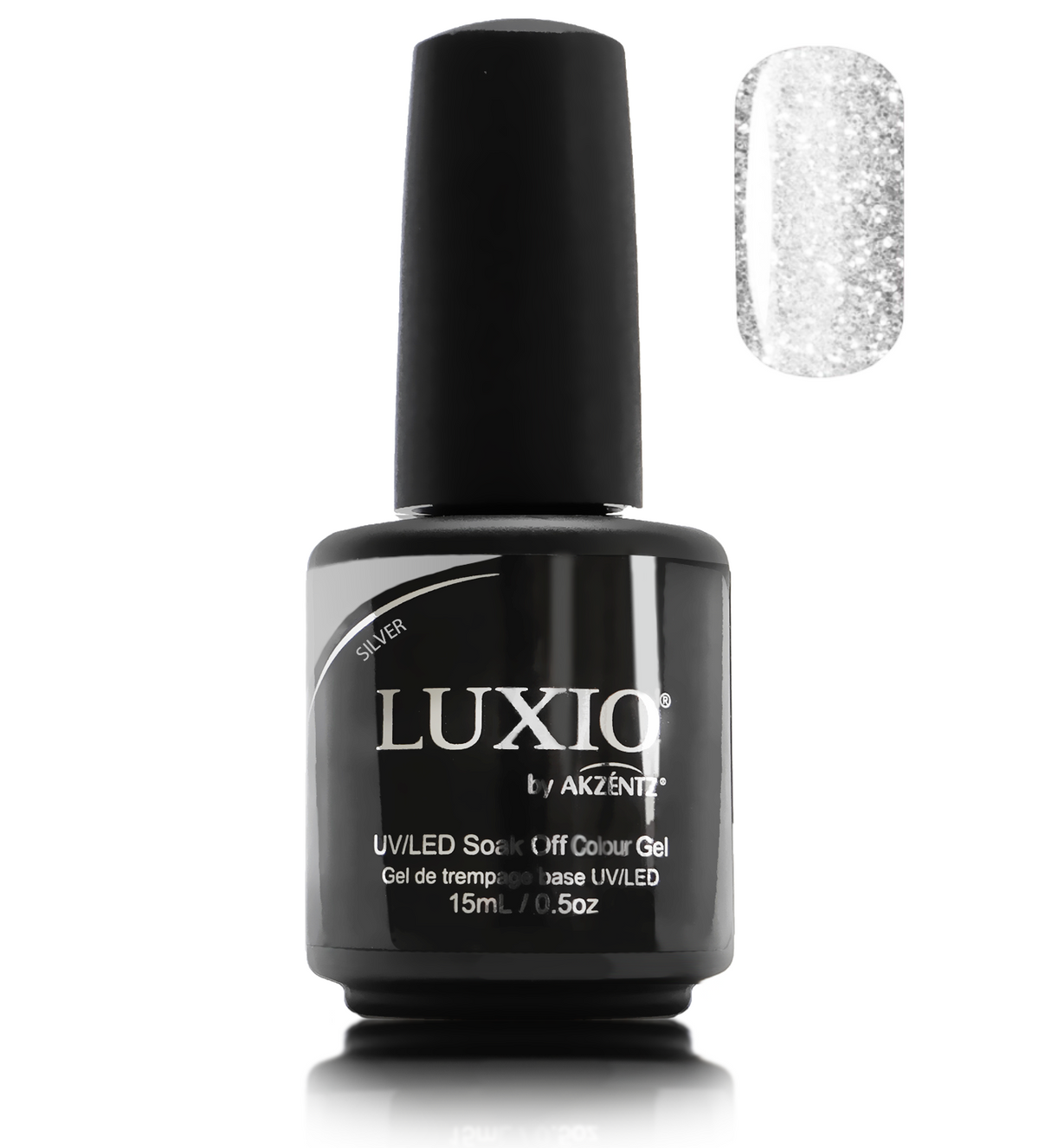 Akzentz Luxio Silver 15 mL gel polish bottle with small round color swatch