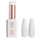 A bottle of BE-MI Beauty Box gel nail polish in a matte white shade, shown next to two glossy white artificial nail tips on a light gray background.