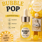Bottle of Bubble Pop cuticle oil with a gumball machine and yellow bubbles on a light yellow background.