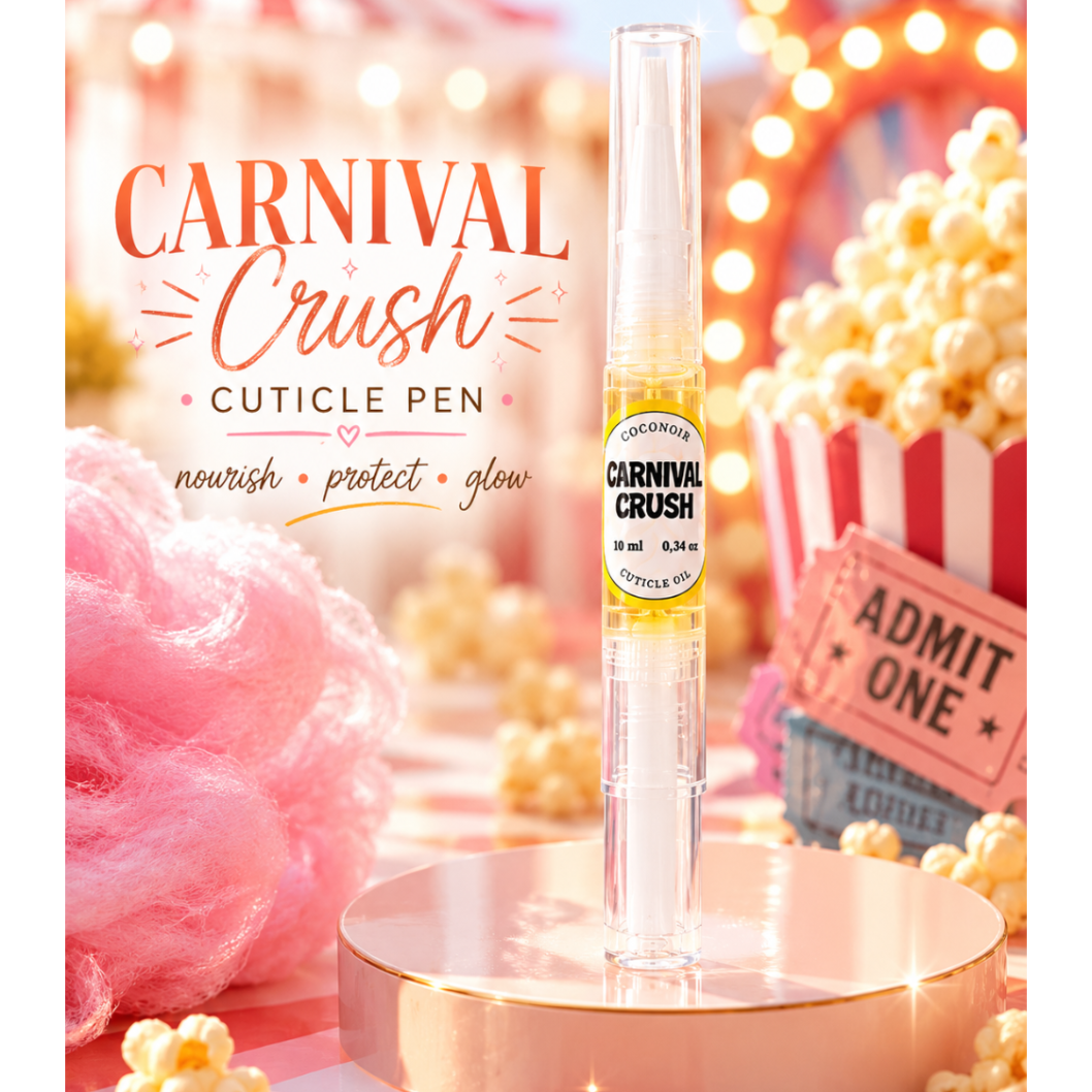 Carnival Crush cuticle pen with a festive background featuring popcorn and circus tickets.