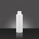 A plain white cylindrical plastic bottle with a matching screw cap, standing upright on a dark reflective surface against a dark gray gradient background.