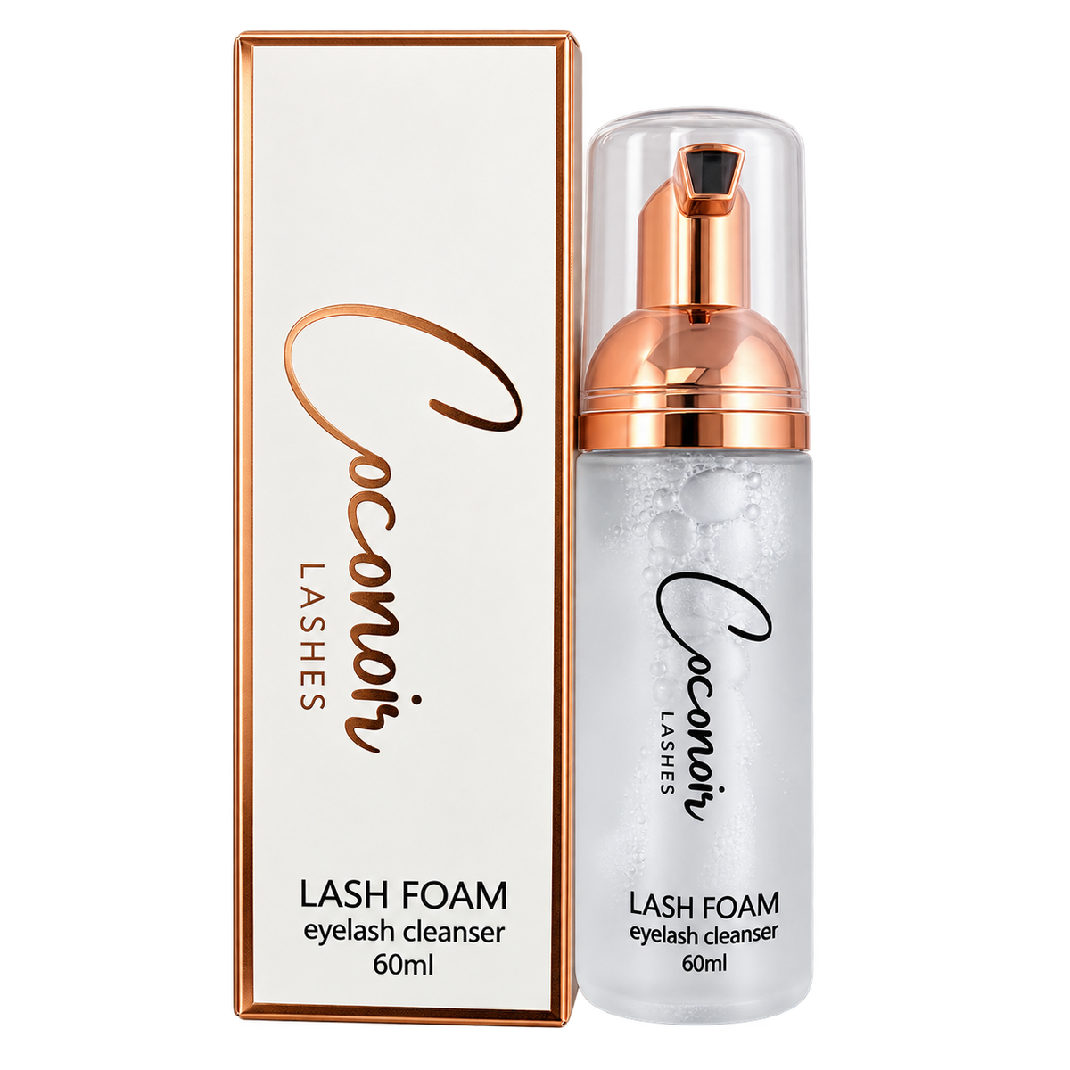Coconoir Lashes 60 ml Lash Foam cleanser bottle with rose gold pump beside its matching box