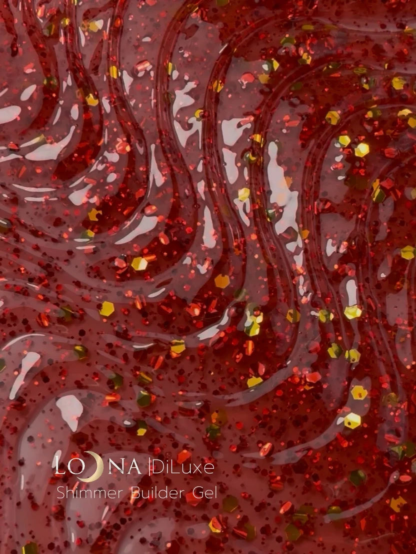 A close-up of a glossy red shimmer builder gel with fine glitter and small gold flakes, with the text 'LOONA DiLuxe Shimmer Builder Gel' visible in the lower left.