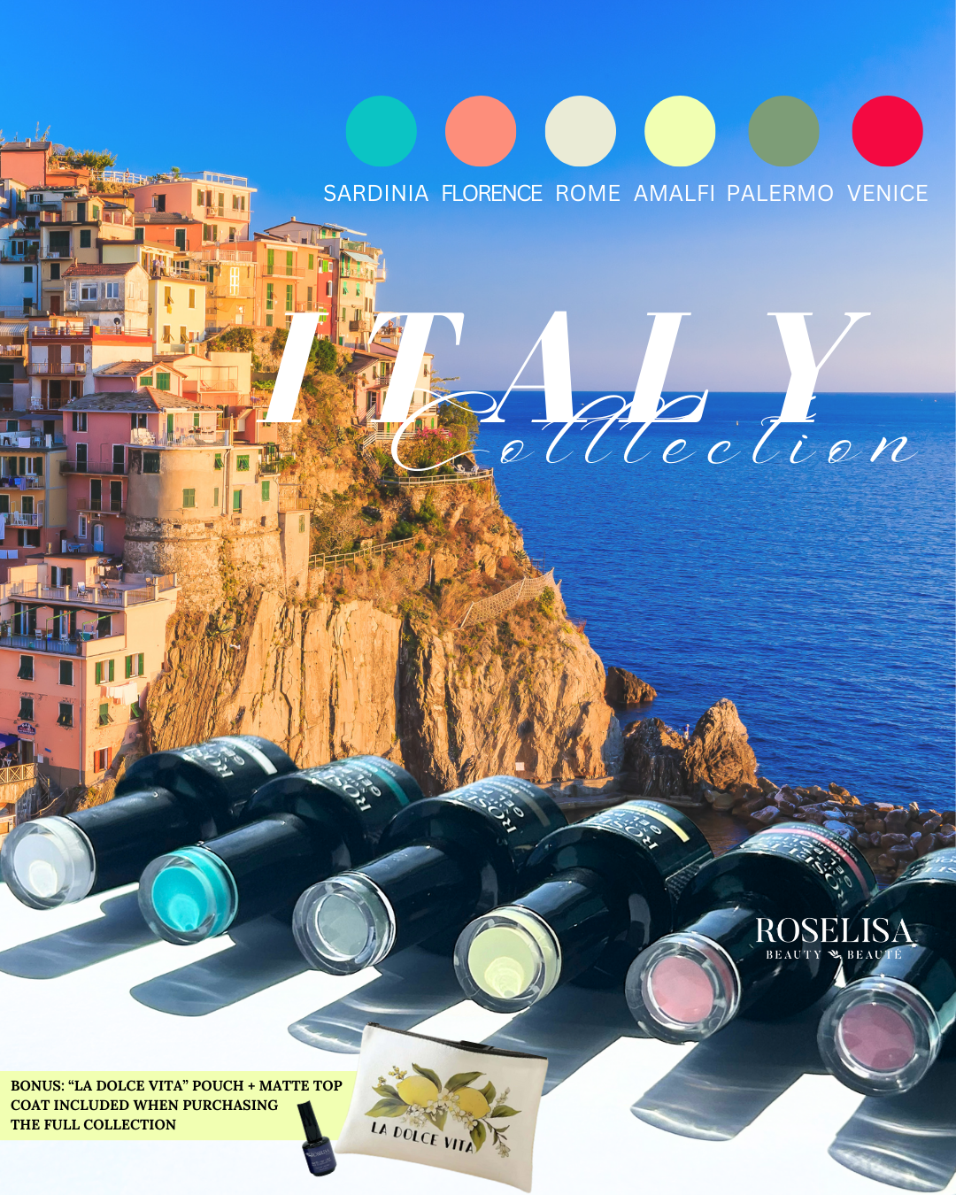 Gel bottles with a scenic view of Italy and Roselisa branding.
