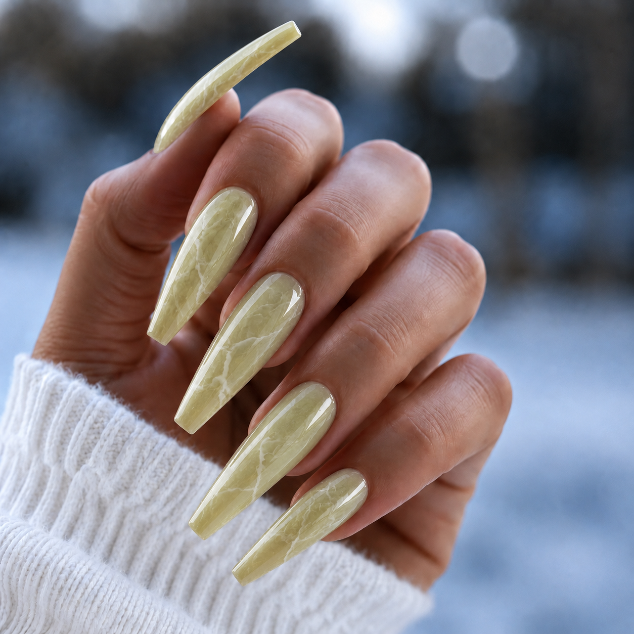 BEMI Quartz Gel - Matcha - 15ml shown on long coffin nails