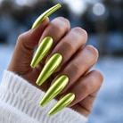 BEMI Neo Green Chrome shown on long coffin nails