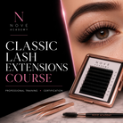 Advertisement for Nove Academy Classic Lash Extensions Course with eye, lash extensions, and tools.
