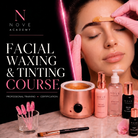 Facial waxing and tinting course promotion with Nove Academy branding, including products and a woman getting a facial.