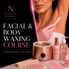Advertisement for a facial and body waxing course with waxing tools and products on a table.