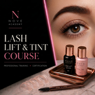 Advertisement for Nove Academy Lash Lift & Tint Course with eye products on a tray.