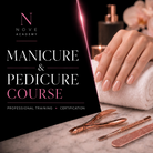 Advertisement for a manicure and pedicure course with hands, tools, and Nove Academy branding.