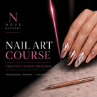 Advertisement for Nove Academy nail art course with a hand and nail art tools on a dark background.