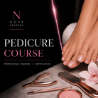 Advertisement for Nove Academy pedicure course with feet, tools, and orchid on a dark background