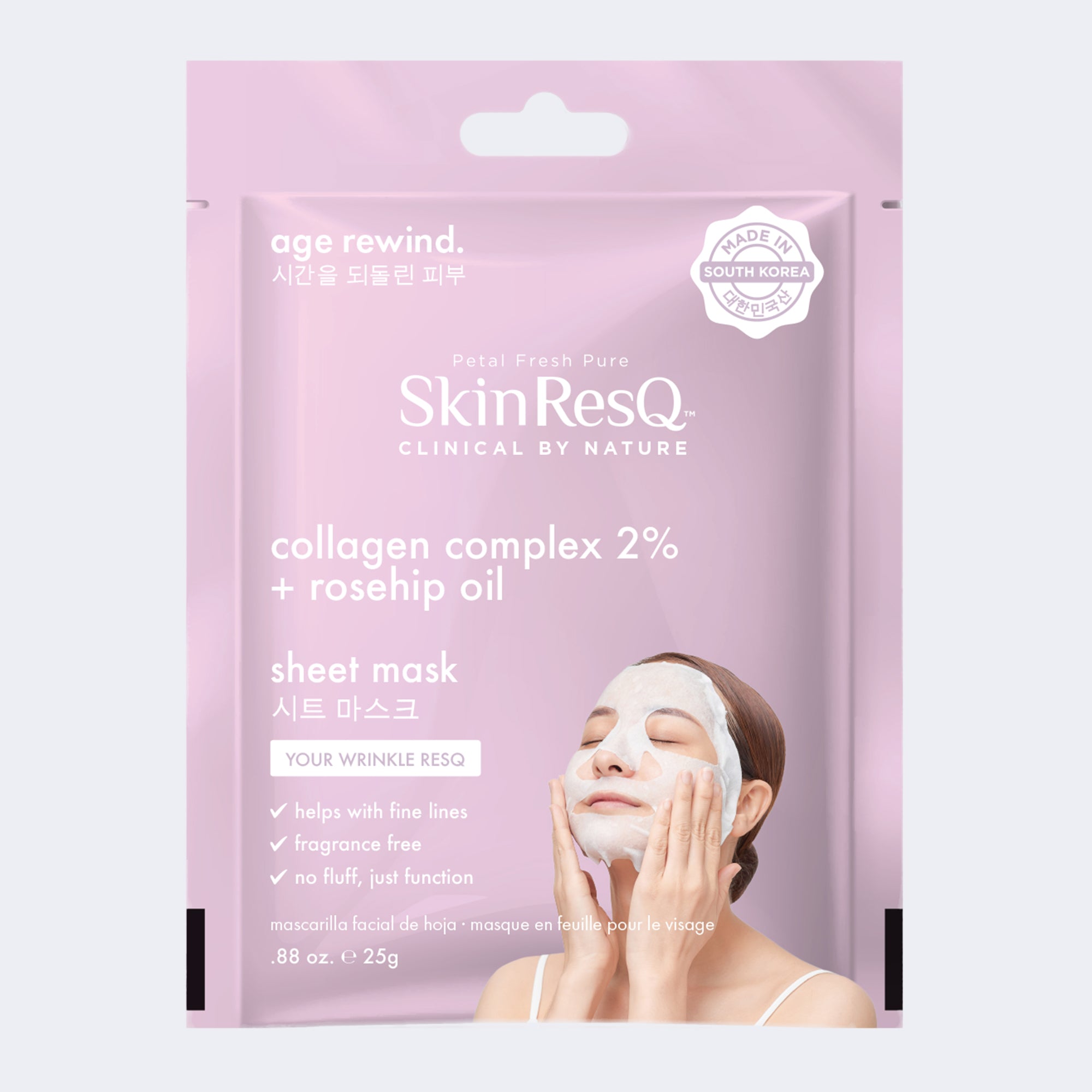 SkinResQ Collagen Complex 2% + Rosehip Oil sheet mask in a pink resealable pouch, featuring a woman applying a white sheet mask on the front packaging.