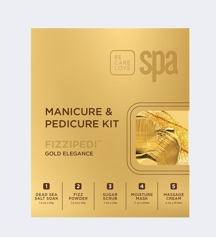 A gold-colored box for a Fizzipedi Manicure & Pedicure Kit by Be Care Love Spa, featuring five included steps: Dead Sea Salt Soak, Fizz Powder, Sugar Scrub, Moisture Mask, and Massage Cream.