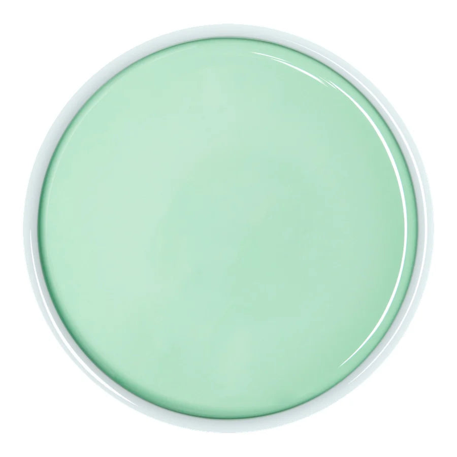A round, top-down view of a glossy mint green cosmetic or paint container with a white rim on a solid white background.