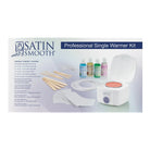 Satin Smooth Professional Single Warmer Kit packaging and contents display, showing the white warmer device, lid, wooden spatulas, cotton pads, and four colored liquid bottles on a white background.