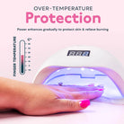 Gel nail polish dryer with over-temperature protection feature, showing a hand with pink nail polish under the dryer.