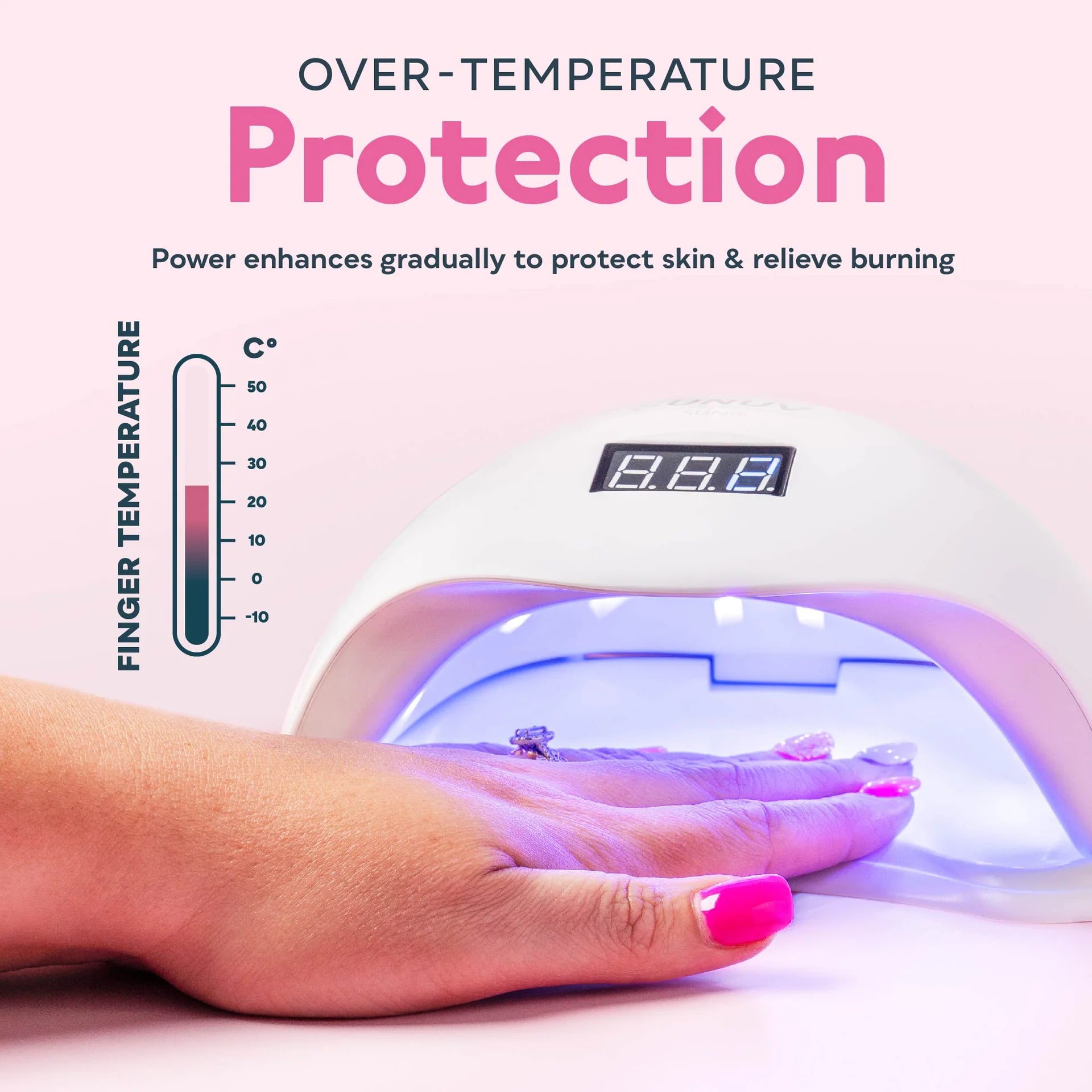 Gel nail polish dryer with over-temperature protection feature, showing a hand with pink nail polish under the dryer.
