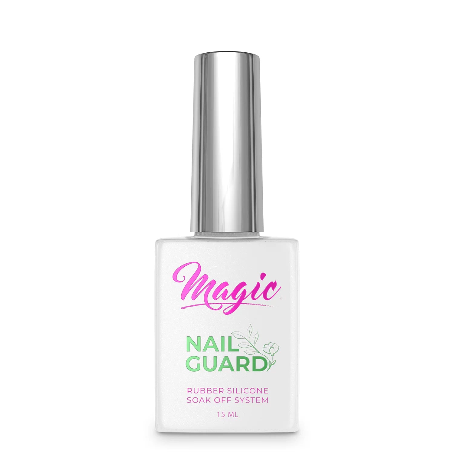 Magic Nail Guard Rubber Silicone Soak Off System 15 ml bottle with a silver cap on a white background.