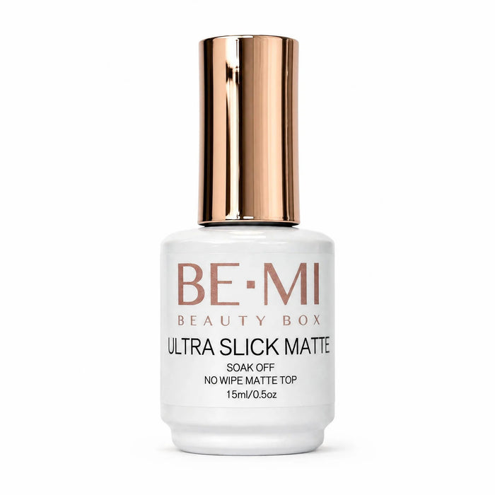 BEMI Ultra Slick Matte Top Coat - 15mL gel polish bottle and colour swatches