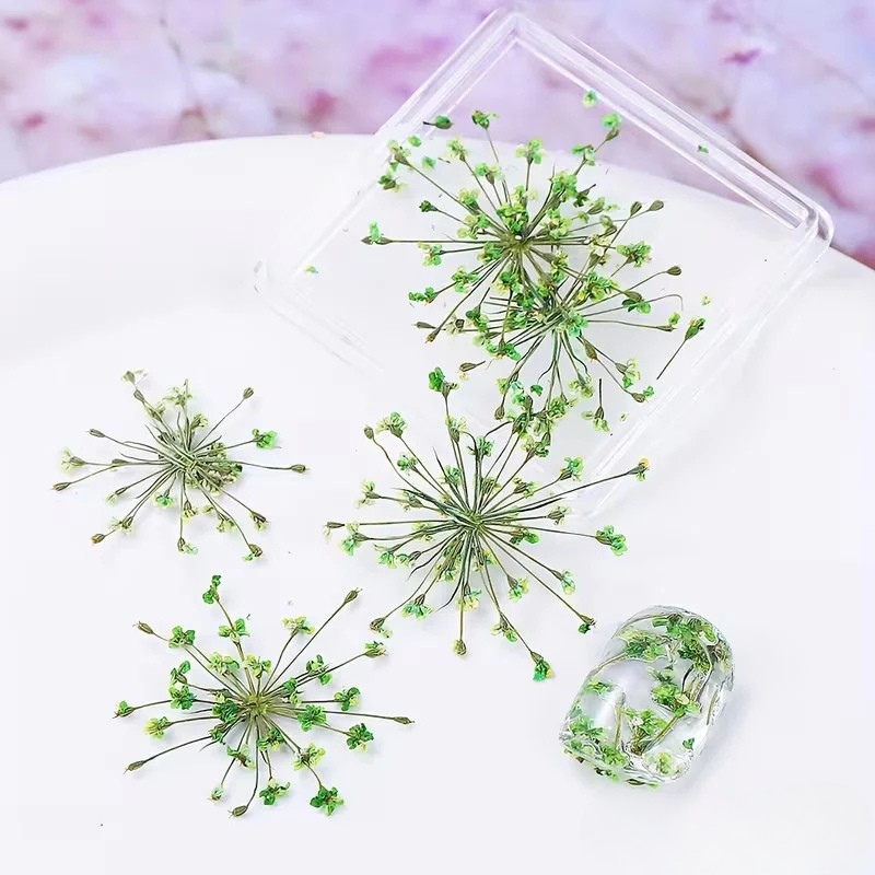 Clear resin mold with green plant-like design on a white surface
