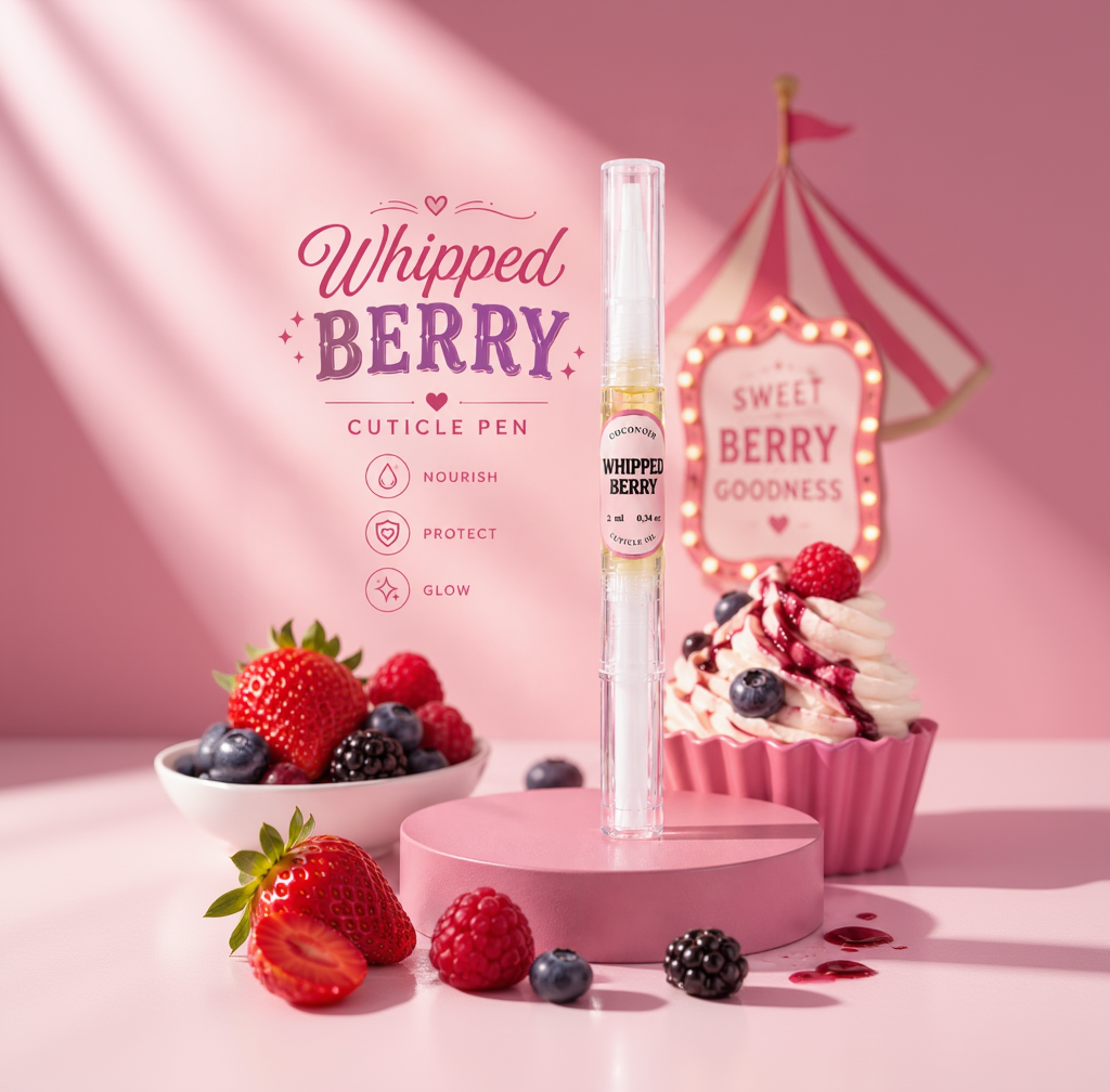 Whipped Berry cuticle pen with berries and a cupcake on a pink background