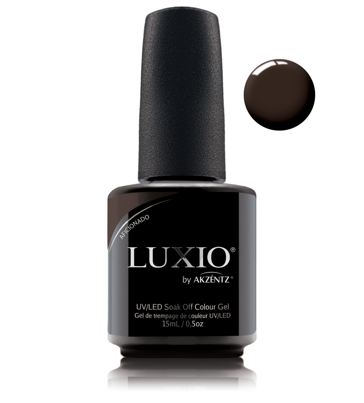 Akzentz Luxio Aficionado 15 mL color gel bottle with dark brown swatch