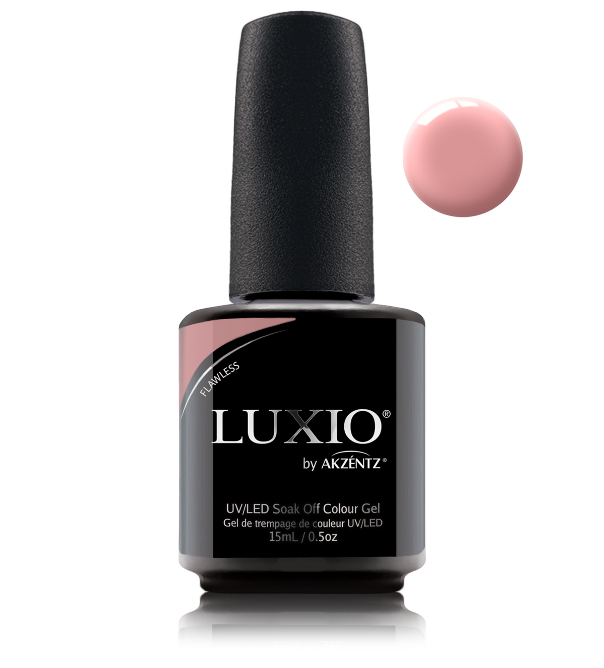 Akzentz Luxio Flawless 15 mL color gel bottle with matching small round color swatch