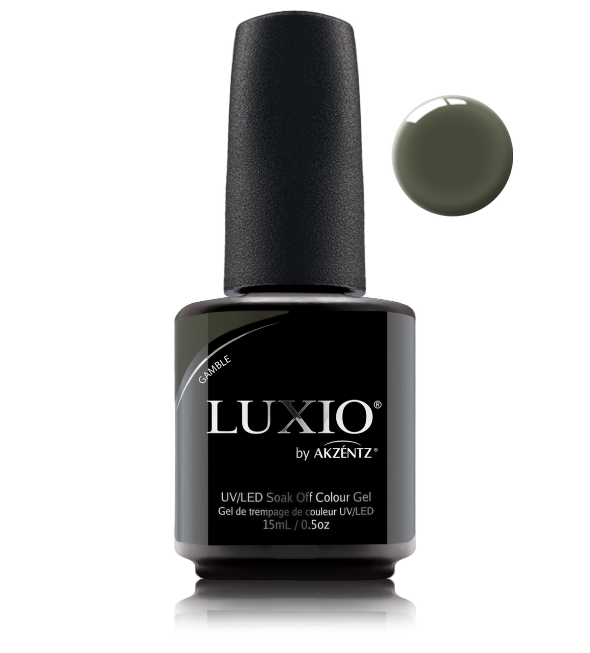 Akzentz Luxio Gamble 15 mL color gel bottle with matching small round color swatch