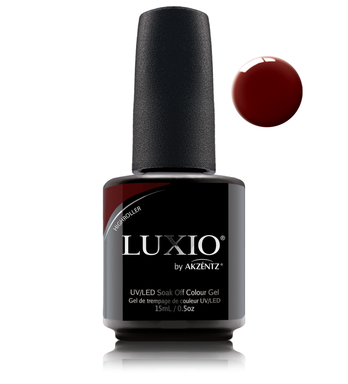 Akzentz Luxio Highroller 15 mL color gel bottle with matching small round color swatch