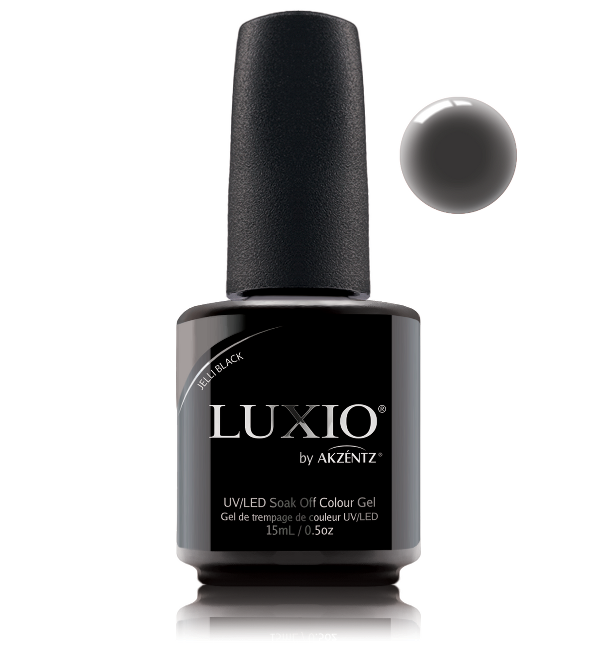 Akzentz Luxio Jelli Black 15 mL color gel bottle with swatch