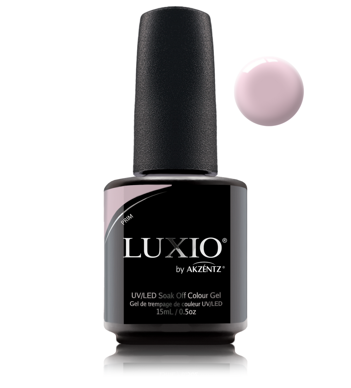 Akzentz Luxio Prim 15 mL color gel bottle with matching small round color swatch
