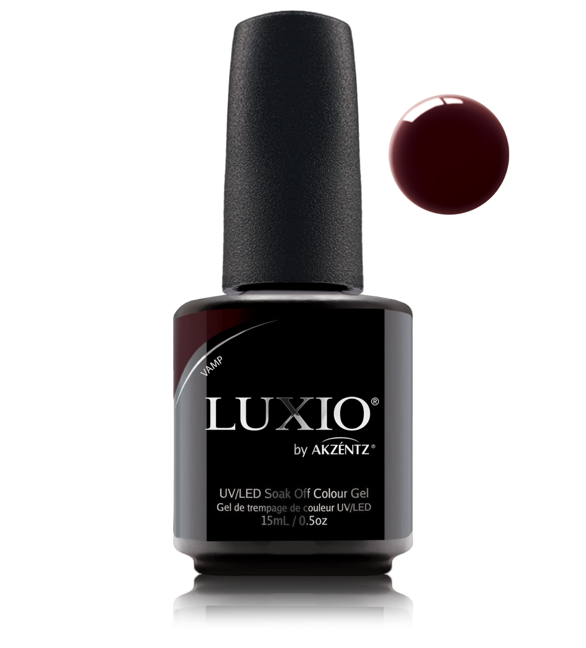 Akzentz Luxio Vamp 15 mL color gel bottle with matching small round color swatch