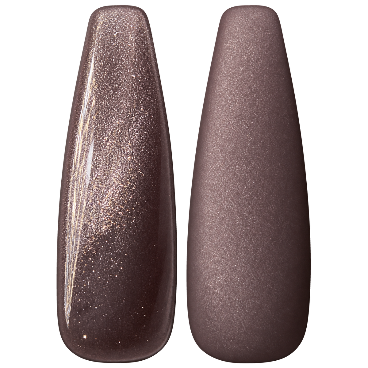 Glossy and matte Soft mauve brown nail swatches for BEMI Cat Eye Venus.