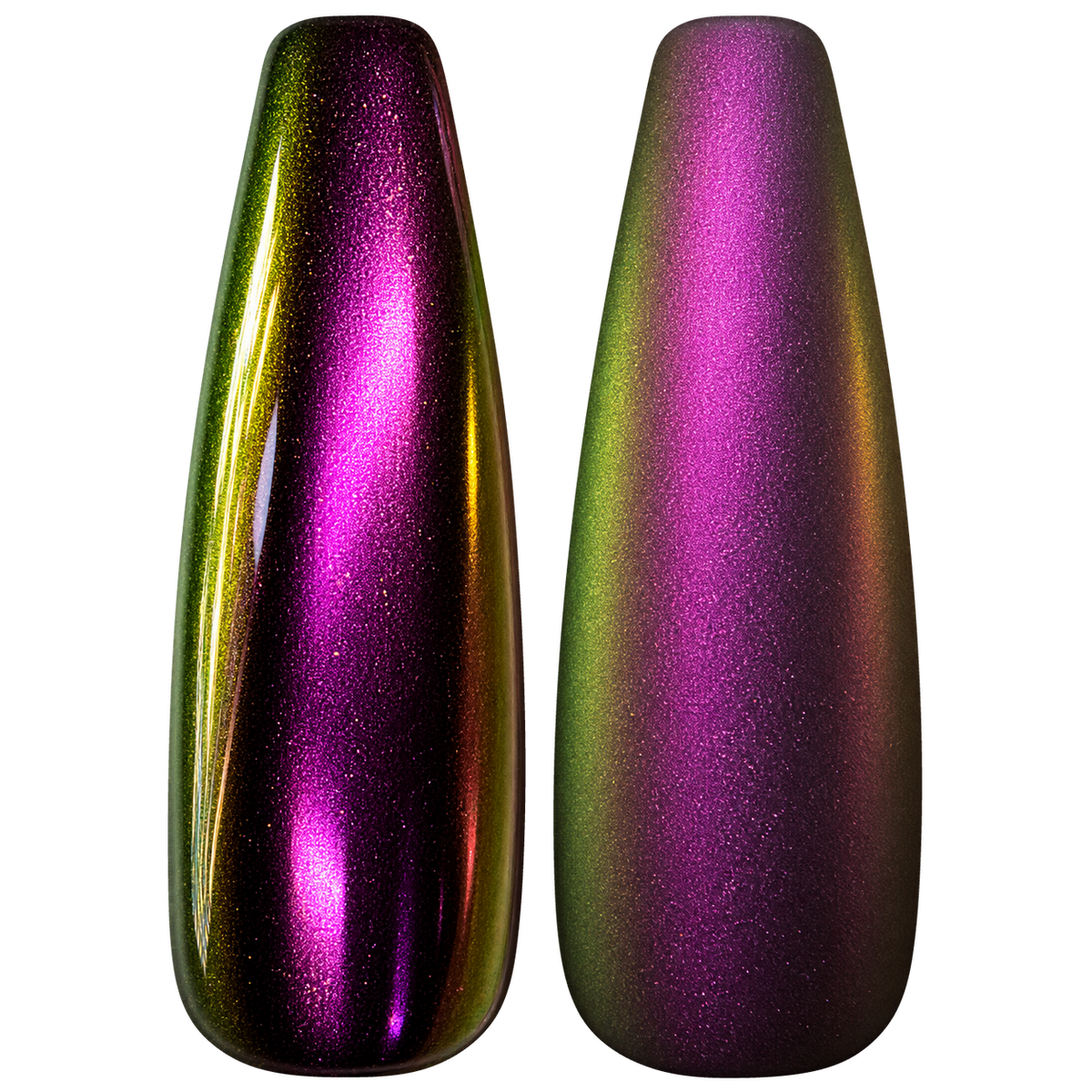 Glossy and matte Magenta-purple with green and gold shifts nail swatches for BEMI Chrome Bloom.