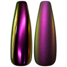 Glossy and matte Magenta-purple with green and gold shifts nail swatches for BEMI Chrome Bloom.