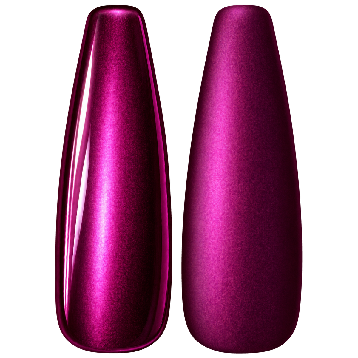 Glossy and matte Deep berry pink nail swatches for BEMI Chrome Chroma Berry.