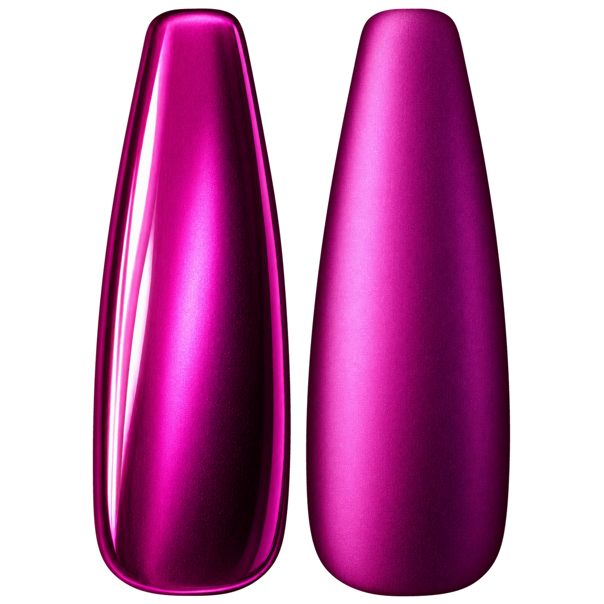 Glossy and matte Vivid fuchsia pink nail swatches for BEMI Chrome Chroma Fuchsia.