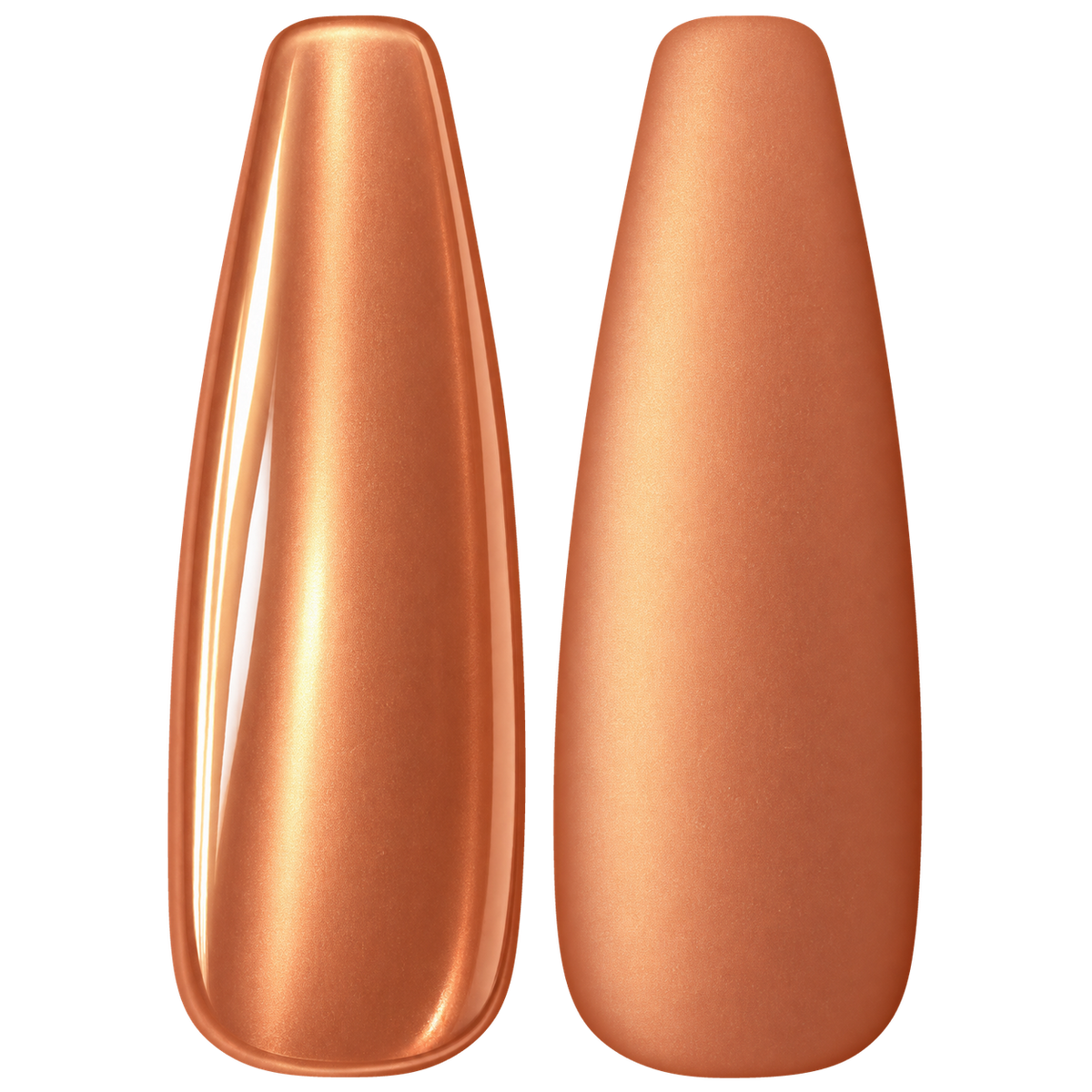 Glossy and matte Warm metallic orange nail swatches for BEMI Chrome Neo Orange.